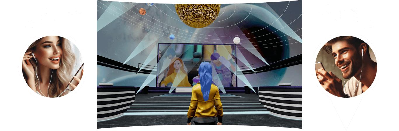 The SingSpace main stage with a big screen and singers joining from around the world